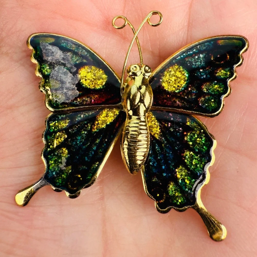 Vintage Multicolor Butterfly Brooch Gold Tone Statement Pin